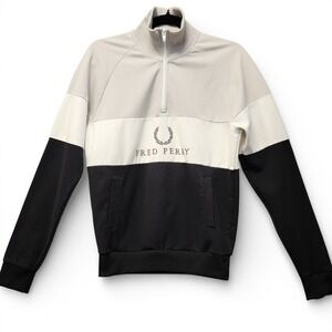 Fred Perry Embroidered Panel Sweatshirt Mens Small Black‎ Cream 1/4 Zip PLS READ